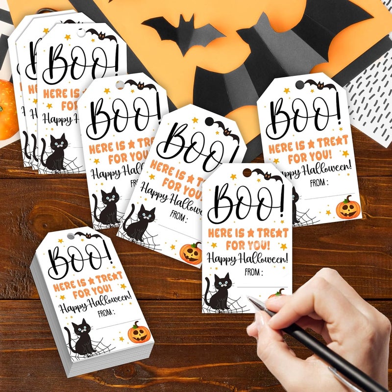 HandEasy 50 Pcs Halloween Tags with String, 2.1"×3.5" Boo Paper Gifts Tags, Black Cat Trick or Treat for Candy, Pumpkin Halloween Gifts Tag Wrap for Party Favor - B03 - Image 3